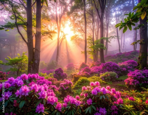 Enchanting Forest Scene with Sunbeams and Blooming Rhododendrons