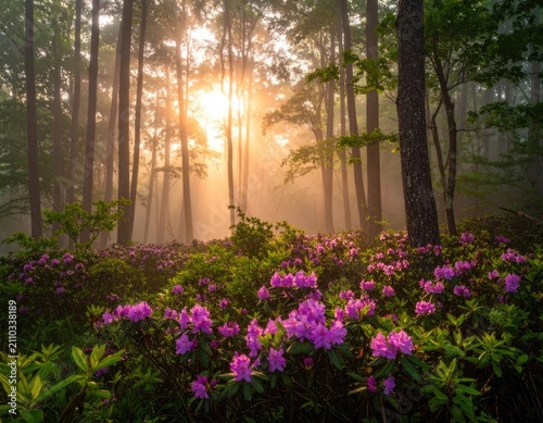 Sunlight streams through a misty forest illuminating a carpet of vibrant pink rhododendrons.
