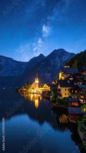 A picturesque village nestled beside a tranquil lake under a star-filled night sky.