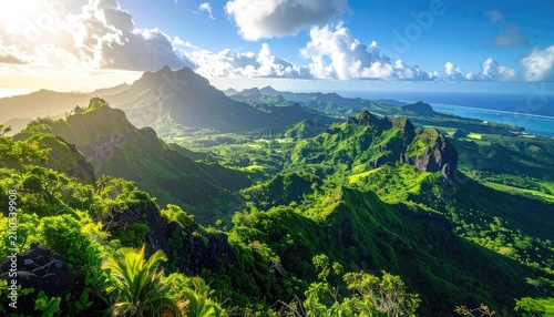 Lush green mountains meeting the turquoise ocean under a bright sky.