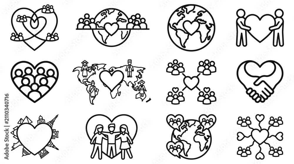 Obraz premium Global Community Love Heart Icons Set