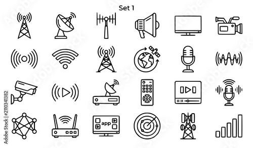 Communication and broadcasting line icons set antenna satellite wireless media vector EPS10