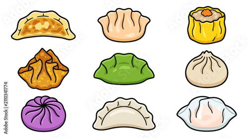 Bild auf Leinwand Colorful cartoon dumpling and dim sum icon collection.