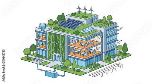 Eco-friendly building with solar panels, wind turbines, and green roof, sustainable architecture