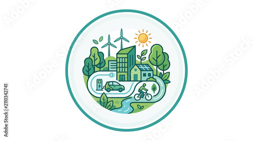 Eco-friendly city illustration: green energy, sustainable transport, and nature