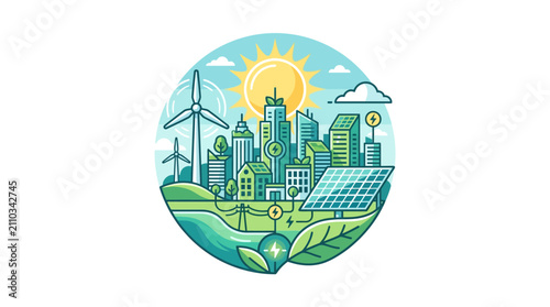 Eco-friendly city landscape with renewable energy sources: wind turbines, solar panels, and green buildings.