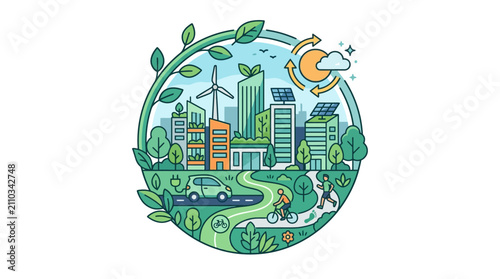 Eco-friendly Cityscape with Green Energy and Sustainable Lifestyle Elements