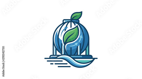 Eco-friendly energy storage tank with growing leaves and water waves, sustainable resource concept