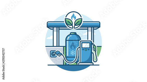 Eco-friendly gas station with CNG pump and green leaves symbol, clean energy concept
