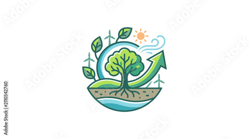 Eco-friendly growth concept: Tree, wind turbines, sun, green arrow, renewable energy, sustainability