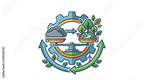 Eco-friendly industry balance: nature vs pollution with gears and renewable energy