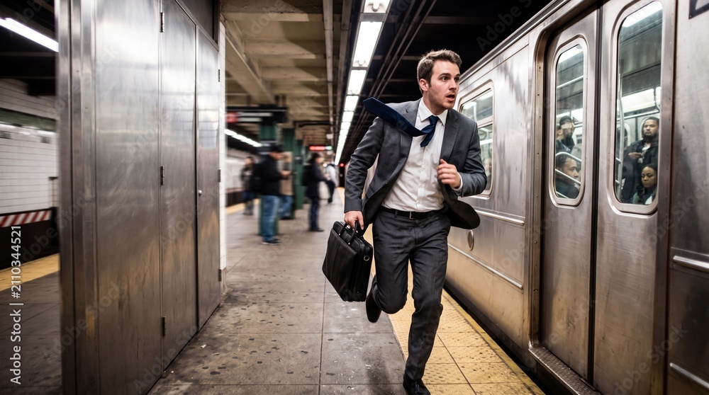 Fototapeta premium Businessman Running on Subway Platform with Briefcase