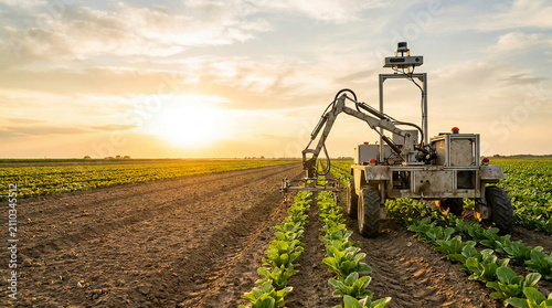 Autonomous agricultural robot working in a green crop field during a beautiful golden sunset representing modern smart farming technology and automated precision agriculture systems.