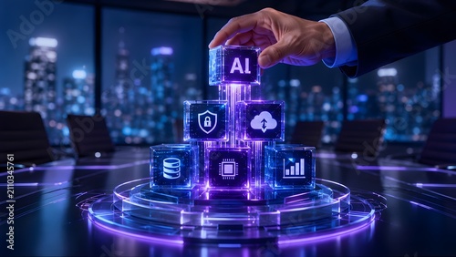 Professional hand places a glowing AI cube, establishing a comprehensive digital technology stack including data, cloud, and security. Visionary concept for business innovation.