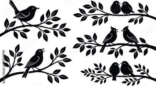 Картината върху платно Birds on tree branches black silhouette vector set featuring pairs of songbirds cardinals sparrows and individual chirping garden birds