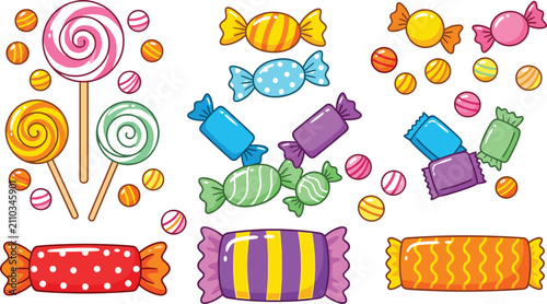 Foto Colorful sweet candy vector set featuring swirl lollipops wrapped hard candies caramels and bright sugary treats for children holiday celebration