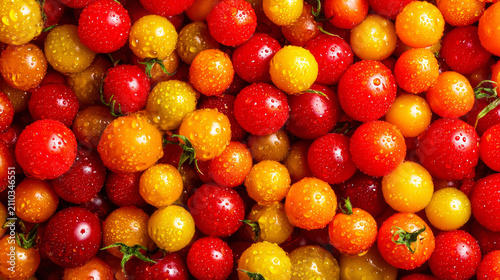 Colorful Cherry Tomatoes in Red, Orange and Yellow, Fresh Mixed Heirloom Tomatoes