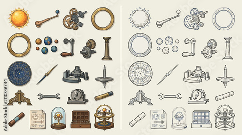 Cuadro en lienzo Collection of steampunk-inspired mechanical devices and scientific instruments, presented in both color and monochrome