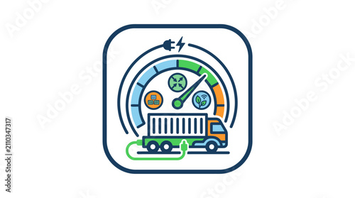 Electric truck charging dashboard icon with battery meter.
