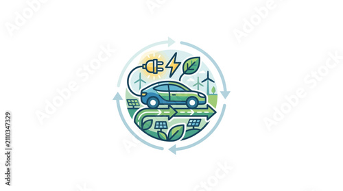 Electric vehicle charging icon with renewable energy cycle.