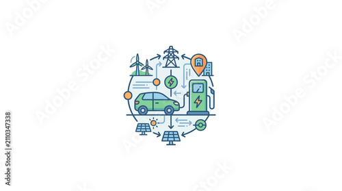 Electric vehicle charging icon with renewable energy sources.