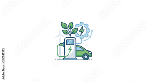 Electric vehicle charging station icon with green leaf.