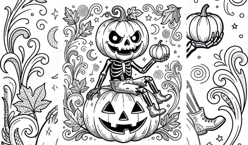 Fotografie Spooky Halloween skeleton character with a jack o lantern head sitting on a carved pumpkin vector illustration outline for adult coloring book pages