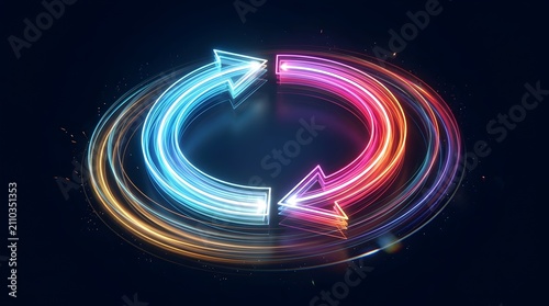Abstract glowing neon arrows in circular motion representing data synchronization looping process and continuous digital update
