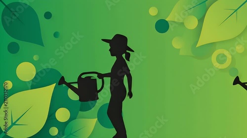 Child Silhouette Gardening in Vibrant Green Garden Background
