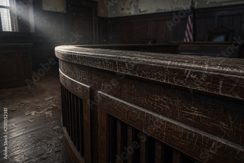 Abandoned courtroom defendant rail with scratch marks, dust motes in light.
