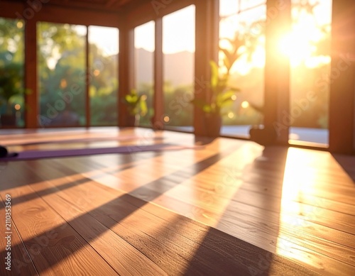 Sunny room background with yoga mat and blurring windows