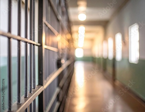 Prison cell bars separating blurred jail corridor