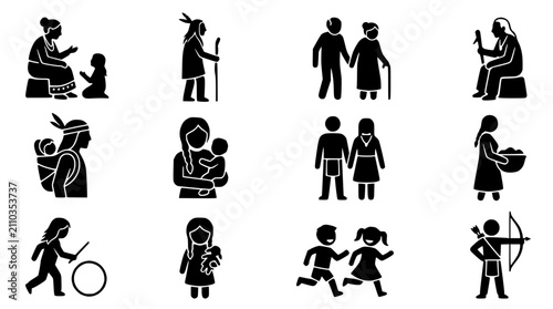 Diverse Human Figures Icon Set: Family, Generations, Culture, Activities, Professions
