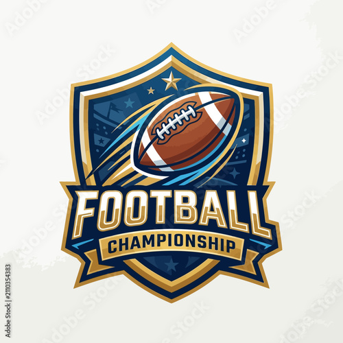 A dynamic American football championship logo with a flying ball and stadium elements.