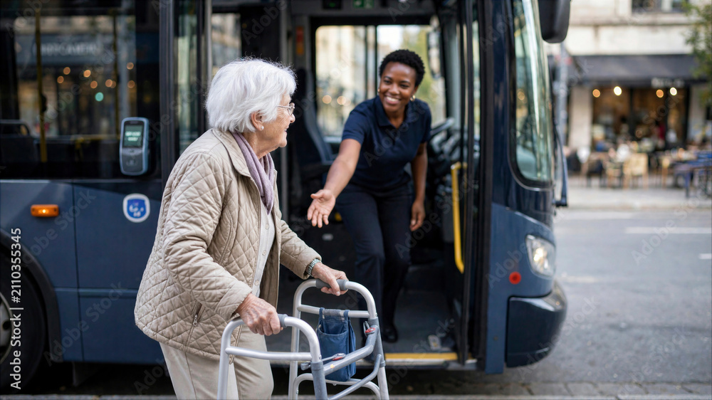 Obraz premium Friendly bus driver helping an elderly woman with a walker to board public transportation