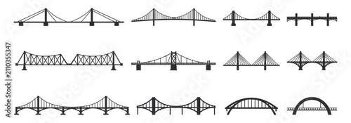 Fotografie Set of black silhouette bridge icons representing various architectural styles i