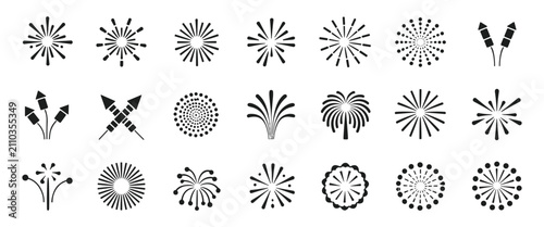 Photos Set of black silhouette firework icons representing various explosion patterns a