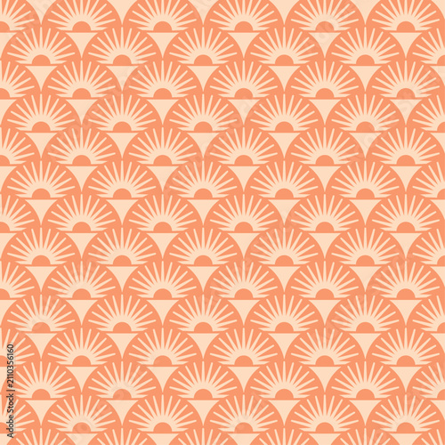 Seamless geometric pattern with abstract retro sun and rays. Mid-century modern art deco background in warm coral and peach pastel colors. Vector design for wallpaper, fabric and textile print