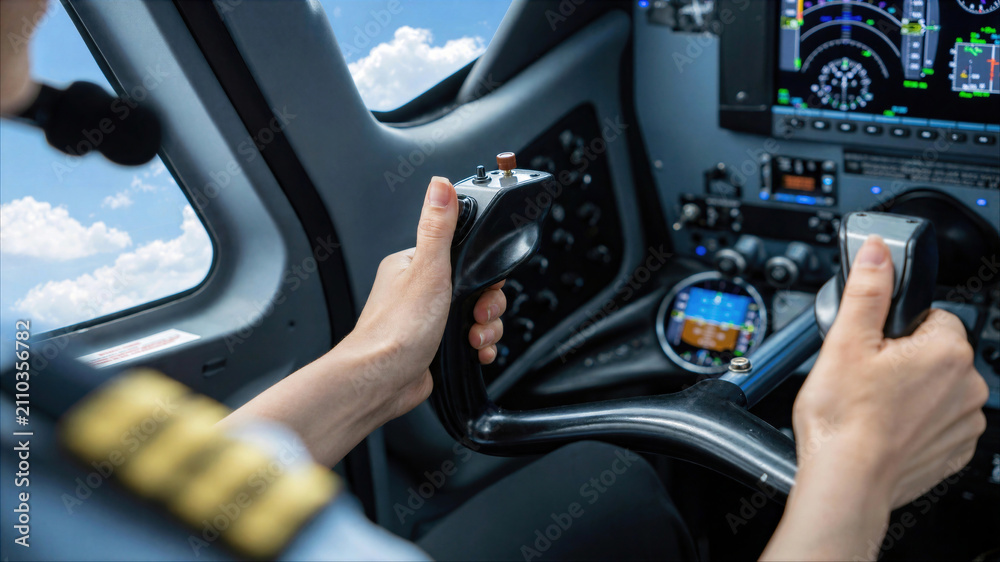 Naklejka premium Close-up of Pilot Hands Operating Aircraft Yoke in Modern Cockpit with Clouds Outside
