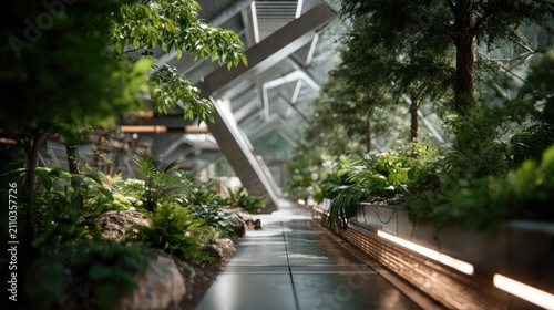 Futuristic Greenhouse with Lush Vegetation: An innovative architectural design blends modern, sleek lines with abundant natural greenery.