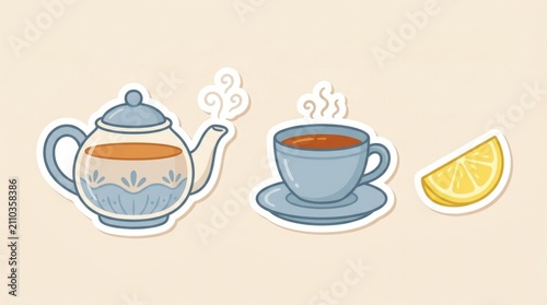Teapot cup and lemon slice stickers flat vector illustration