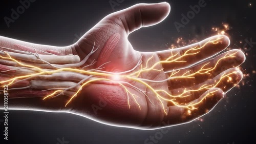 3D Medical Illustration of Human Hand Nervous System Highlighting Carpal Tunnel Pain Point and Nerve Pathways