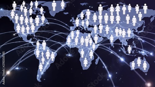 Global Network Connections Over World Map With Human Silhouettes Representing Worldwide Communication And Digital Connectivity