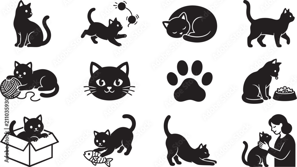 Obraz premium Set of black cat silhouettes and icons in various poses