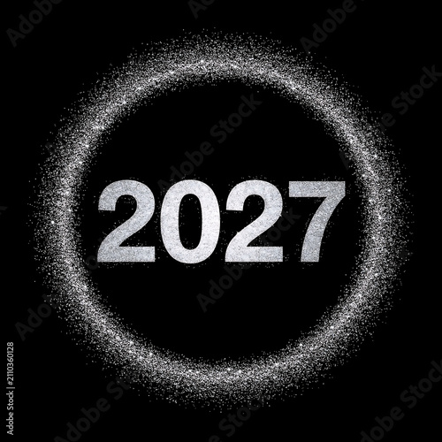 Sparkling Silver 2027 Text Inside Glitter Circle on Black Background