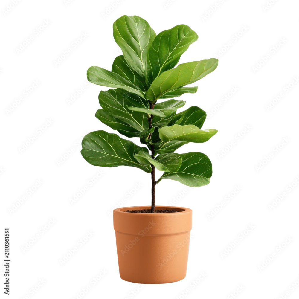 Fototapeta premium Potted Fiddle Leaf Fig Plant with Large Green Leaves in Terracotta Pot