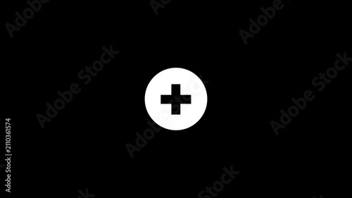 White Circle With Black Plus Cross Icon On Black Background For 4K Video Health Graphics, Medical Concepts, Add Math Symbols, And Positive User Interface Designs.