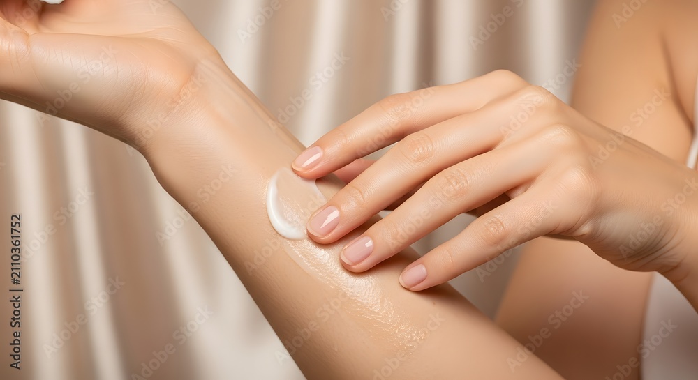 Fototapeta premium A woman applying moisturizing lotion to her arm for smooth, hydrated skin care.
