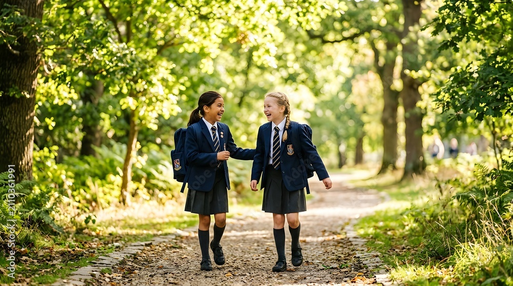 Obraz premium Two happy schoolgirls walking on a forest path, capturing the joyful metaphor of back to school season