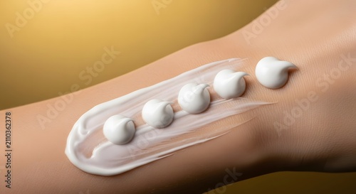 A close-up of white cream dollops neatly arranged in a row on a persons forearm, showcasing texture and application.